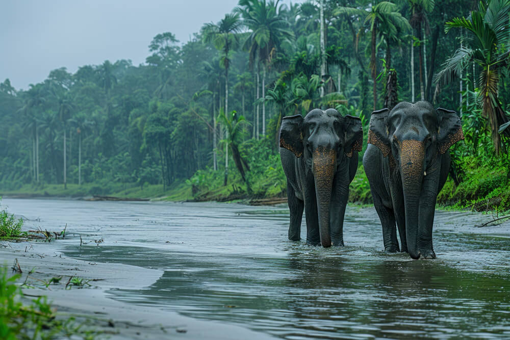 Wilde Elefanten am Flussufer im Dschungel Sri Lankas